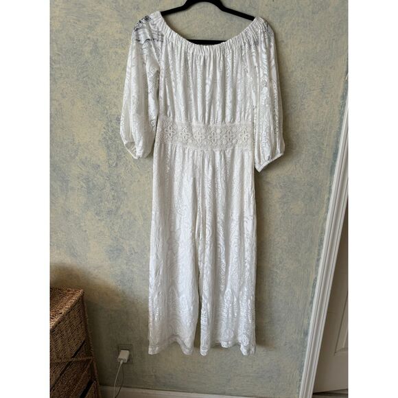 Farm Rio for Anthropology Elliott off the shoulder white lace jumpsuit - Picture 4 of 11